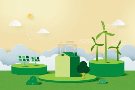 Illustration for Green alternative renewable energy.Green eco friendly nature landscape background.Paper art of ecology and environment concept.Vector Illustration. - Royalty Free Image