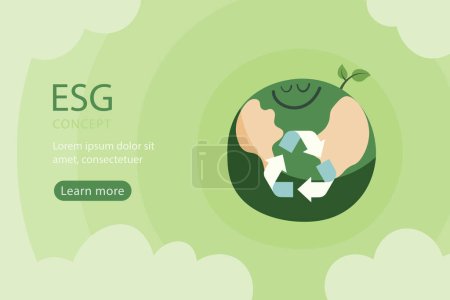 Grüne umweltfreundlich von Cartoon-Erde auf grünem Himmel Hintergrund. ESG, Ökologie und Umweltkonzept. Vektorillustration für Landing Page Template.