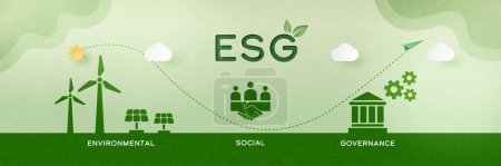 ESG como concepto social y de gobernanza ambiental.Ecología verde y energías renovables alternativas.Paper art Ilustración vectorial.