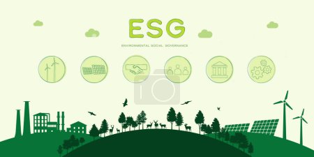 ESG als ökologisches Sozial- und Governance-Konzept. Grüne Ökologie und alternative erneuerbare Energie.Flat Vector Illustration.