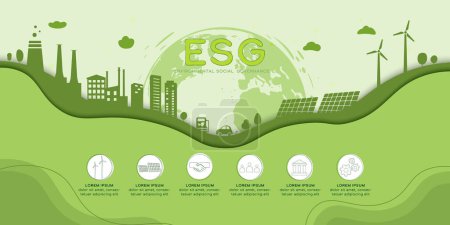Illustration for ESG as environmental social and governance concept.Green ecology and alternative renewable energy.Paper art Vector illustration. - Royalty Free Image