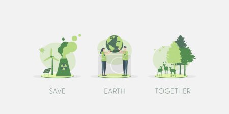 Rettet die Erde. Tag der Erde, Weltumwelttag. Nachhaltige Ökologie und Konzeptentwürfe für den Umweltschutz. Vektorillustration.