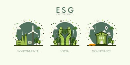 ESG concept, Environmental, Social and Governance. Green city background. Flat minimal style. Vector Illustration.