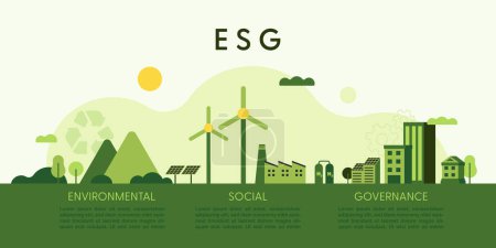 ESG-Konzept, Umwelt, Soziales und Governance. Grüne Ökolandschaft Hintergrund. Flacher minimalistischer Stil. Vektorillustration.