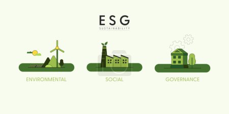ESG-Konzept, Umwelt, Soziales und Governance. Set von Grünen Ökologie und Umwelt Hintergrund. Flacher minimalistischer Stil. Vektorillustration.