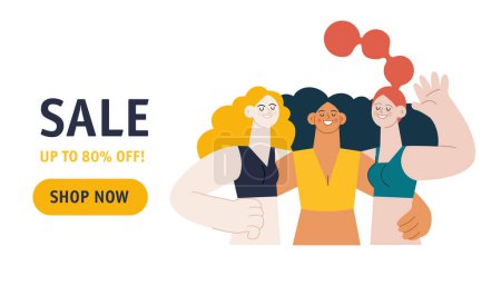 Illustration for Web banner sale template concept. Group of smiling women embracing each other. Different skin tone females in sport clothes standing opposite each other holding arm on their waist, waving hello. Modern vector flat illustration. Healthy lifestyle. - Royalty Free Image