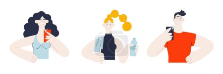 Illustration for Group of sport people. White skin tone women and man in sport clothes with towel on woman's shoulder hold plastic water bottle, man and woman hold smartphone with camera flash. Modern vector flat illustration. Healthy lifestyle. Social media ads. - Royalty Free Image
