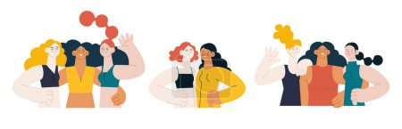 Illustration for Groups of beautiful young smiling women embracing each other. Different skin tone females in sport clothes standing opposite each other holding arm on their waist, waving hello. Modern vector flat illustration. Healthy lifestyle. Social media ads. - Royalty Free Image