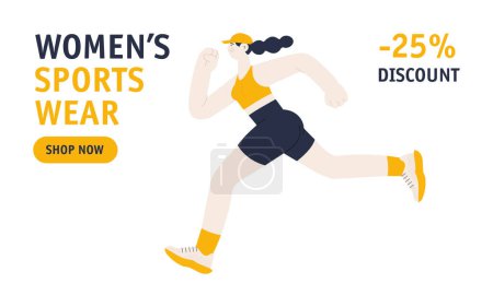 Illustration for Website banner template. White skin tone woman in sport clothes jogging, running. Dynamic side view. Women's sport wear, 25% discount concept. Modern vector flat illustration. Healthy lifestyle. Social media ads. - Royalty Free Image