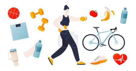 Illustration for White skin tone woman in sport clothes hold dumbbells in her arms, exercise activity. Sport ball, scale, hand hold water bottle, reusable cup, dumbbells, apple, banana, bicycle, sports shoe, heart rate. Vector flat illustration. Healthy lifestyle. - Royalty Free Image