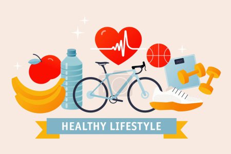 Illustration for Healthy lifestyle concept website banner. Sports ball, scale, water bottle, dumbbells, apple, banana, bicycle, sports shoe, heart rate. Modern vector flat illustration. Social media ads. - Royalty Free Image