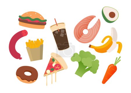 Illustration for Healthy and fast food website banner concept. Burger, french fries, doughnut, sausage, pizza, soda, salmon, broccoli, carrot, banana, avocado. Modern vector flat illustration. Social media ads. - Royalty Free Image