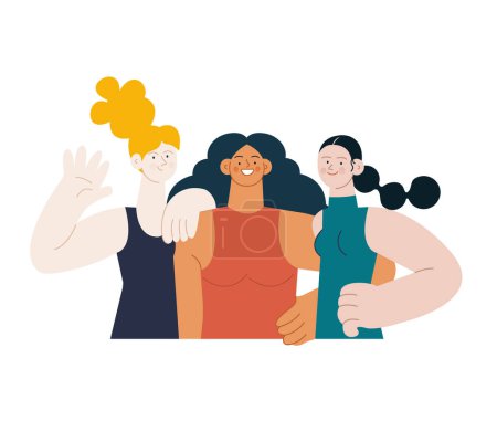 Illustration for Group of beautiful young smiling women embracing each other. Different skin tone females in sport clothes standing opposite each other holding arm on their waist, waving hello. Modern vector flat illustration. Healthy lifestyle. Social media ads. - Royalty Free Image