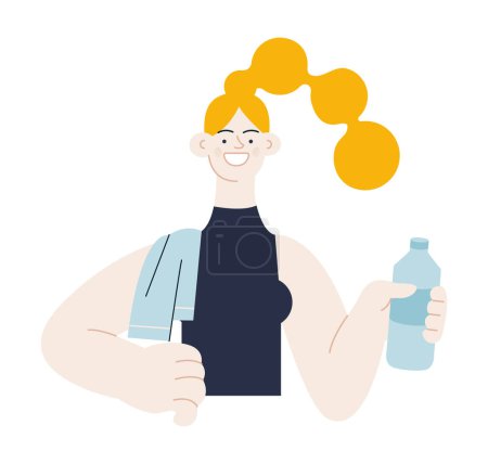 Illustration for Beautiful and smiling white skin tone woman in sport clothes with towel on her shoulder hold plastic water bottle. Modern vector flat illustration. Healthy lifestyle. Social media ads. - Royalty Free Image
