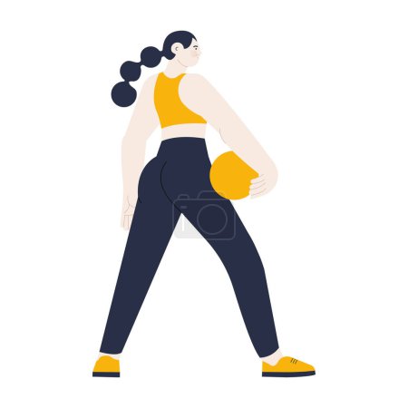 Illustration for White skin tone woman in sport clothes hold sport ball in her arm, side view. Modern vector flat illustration. Healthy lifestyle. Social media ads. - Royalty Free Image