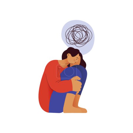Illustration for Mental disorders illustration. Frustrated woman with nervous problem feel anxiety and confusion of thoughts, closing face with palms in despair. Vector flat illustration - Royalty Free Image