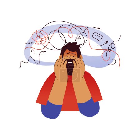 Mental disorders illustration. Frustrated man with nervous problem feel anxiety and confusion of thoughts. Male with anxiety touch head surrounded by thoughts. Vector flat illustration