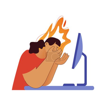 Illustration for Professional burnout syndrome. Woman in stress under pressure,  office desk, fire on the background. Frustrated worker, mental disorder problems. Modern vector flat illustration - Royalty Free Image