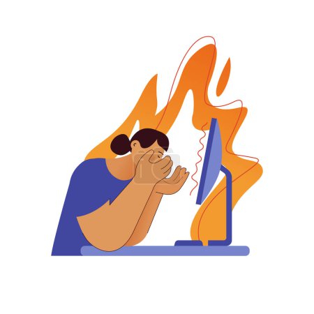 Professional burnout syndrome. Woman in stress under pressure,  office desk, fire on the background. Frustrated worker, mental disorder problems. Modern vector flat illustration