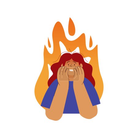 Illustration for Professional burnout syndrome. Woman in stress under pressure, fire on the background. Mental disorder problems. Modern vector flat illustration - Royalty Free Image
