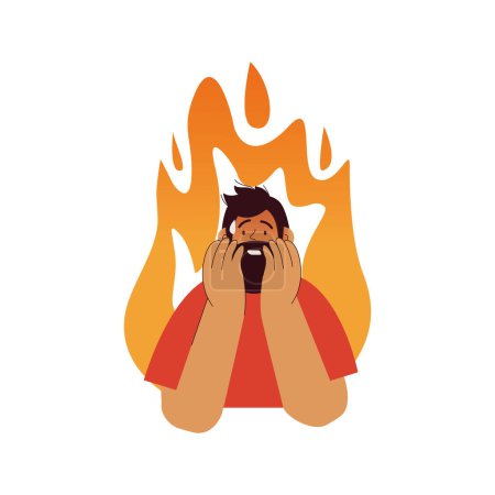 Illustration for Professional burnout syndrome. Man in stress under pressure, fire on the background. Mental disorder problems. Modern vector flat illustration - Royalty Free Image