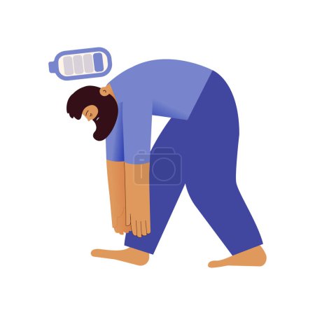 Illustration for Laziness, Fatigue, Apathy, Depression Concept. Tired male suffering under the weight of problems and obligations. Low battery icon. Modern vector illustration - Royalty Free Image