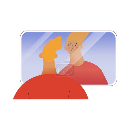 Imposter syndrome. Mental psychological disorder. Doubt, low self-esteem. Male doubtful in skills, talents looking in mirror. Modern vector illustration isolated on white background