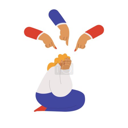 Fear of criticism, social opinion, bullying. The depressed woman is surrounded by mocking gestures. Anxious about other people judging, evaluating, blaming. Modern flat vector illustration.