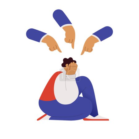 Illustration for Fear of criticism, social opinion, bullying. The depressed man is surrounded by mocking gestures. Anxious about other people judging, evaluating, blaming. Modern flat vector illustration. - Royalty Free Image