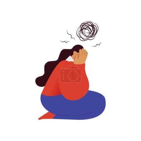 Self doubt. Emotional burnout, depression and fatigue girl. Young woman feeling exhausted. Modern flat vector illustration