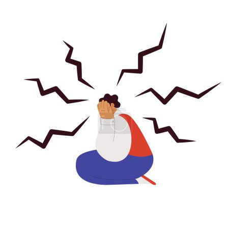 Illustration for Self doubt. Fears. Emotional burnout, depression and fatigue guy. Young man feeling exhausted. Modern flat vector illustration - Royalty Free Image