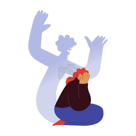 Illustration for Fear, Insecurities haunting you. Woman scared of ghost evil coming out of herself, insecurities, pressure. Huge fear shadow. Modern flat vector illustration. - Royalty Free Image
