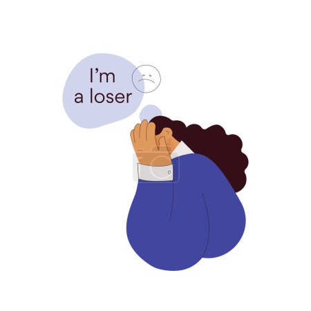 Self doubt. I'm a loser. Emotional burnout, depression and fatigue girl. Young woman feeling exhausted. Modern flat vector illustration
