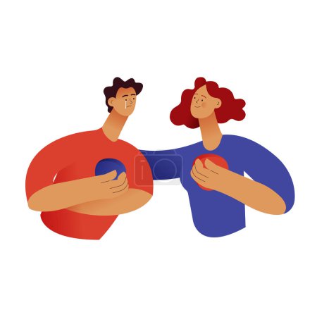 Illustration for Empathy and friendship concept. Female comforting her male sad friend. Woman supports male with psychological problems. Modern vector flat illustration - Royalty Free Image