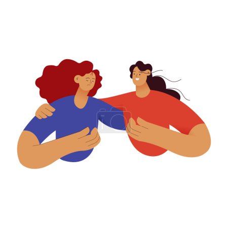Empathy and friendship concept. Female comforting her friend.Woman supports female with psychological problems. Modern vector flat illustration