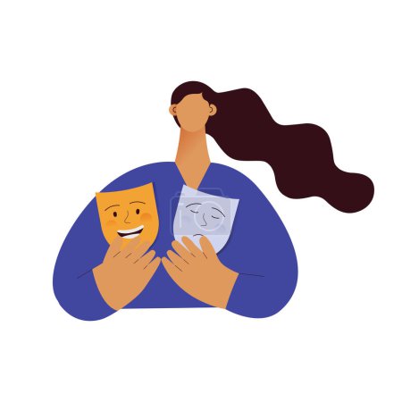 Illustration for Mood disorder. Woman choosing between two mood extremes masks. Modern flat vector illustration - Royalty Free Image