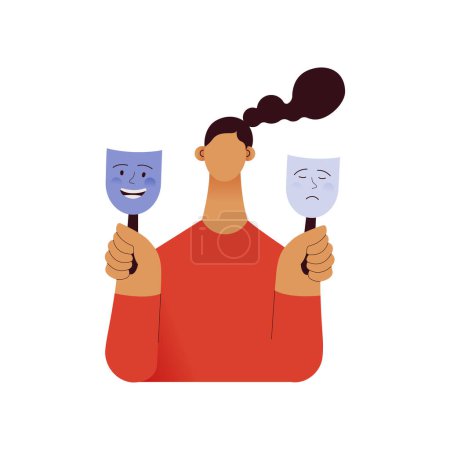 Mood disorder. Woman choosing between two mood extremes masks. Modern flat vector illustration