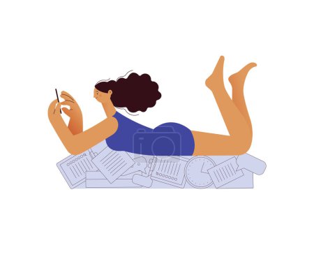 Illustration for Procrastination concept. Woman with phone lies on documents and stationery oblivious to mess. Office worker spends working time on procrastination. Modern vector flat illustration - Royalty Free Image