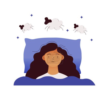 Illustration for Young woman suffers from insomnia. Mental problems. Girl lying in bed, thinking about sheep, can not relax. Modern vector illustration isolated on white background - Royalty Free Image