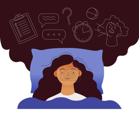 Illustration for Young woman suffers from insomnia. Mental problems. Girl lying in bed, thinking about deadlines, work duties, upset day, can not relax. Modern vector illustration isolated on white background - Royalty Free Image
