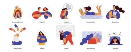 Illustration for Mental health and psychology concept collection. Different mental health problems, psychological disorders. Modern vector illustrations. - Royalty Free Image