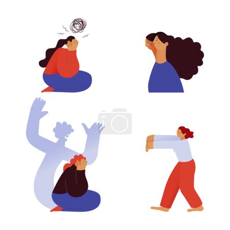 Illustration for Collection of mental disorder cartoons. Self doubt, Bipolar disorder, Fear, Sleepwalking. Modern flat vector illustration - Royalty Free Image