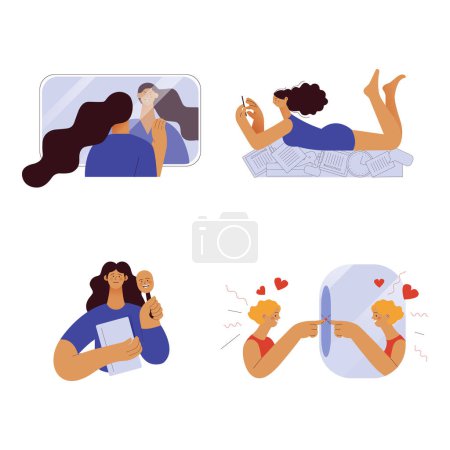 Illustration for Collection of mental disorder cartoons. Imposter syndrome, Procrastination, Dissociation, Self Love. Modern flat vector illustration - Royalty Free Image