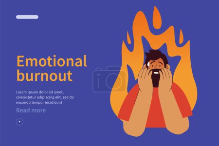 Ilustración de Concepto del sitio web del síndrome de burnout emocional. Hombre en tensión bajo presión, fuego en el fondo. Problemas mentales. Ilustración plana vector moderno - Imagen libre de derechos