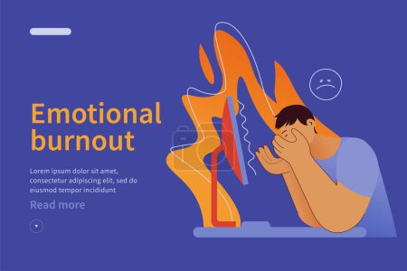 Emotional burnout syndrome website concept. Man in stress under pressure, unhappy emoji, office desk, fire on the background. Frustrated worker, mental disorder. Modern vector flat illustration