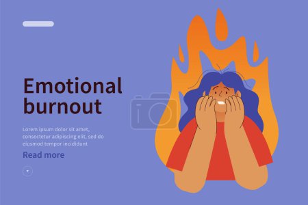Ilustración de Concepto del sitio web del síndrome de burnout emocional. Mujer en tensión bajo presión, fuego en el fondo. Problemas mentales. Ilustración plana vector moderno - Imagen libre de derechos