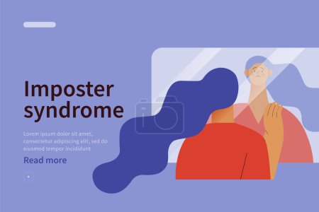 Imposter syndrome concept website. Mental psychological disorder. Doubt, low self-esteem. Female doubtful in skills, talents looking in mirror. Modern vector illustration