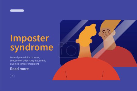Illustration for Imposter syndrome concept website. Mental psychological disorder. Doubt, low self-esteem. Male doubtful in skills, talents looking in mirror. Modern vector illustration - Royalty Free Image