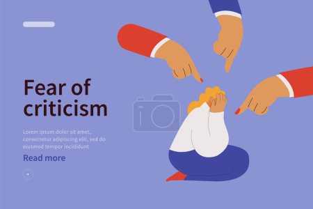 Illustration for Fear of criticism website concept . The depressed woman is surrounded by mocking gestures. Anxious about other people judging, evaluating, blaming. Modern flat vector illustration. - Royalty Free Image