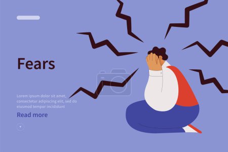 Illustration for Fears website concept. Emotional burnout, depression and fatigue guy. Young man feeling exhausted. Modern flat vector illustration - Royalty Free Image